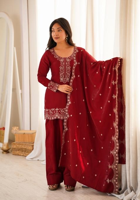 Red Sequin Work Silk Farshi Kurta Set