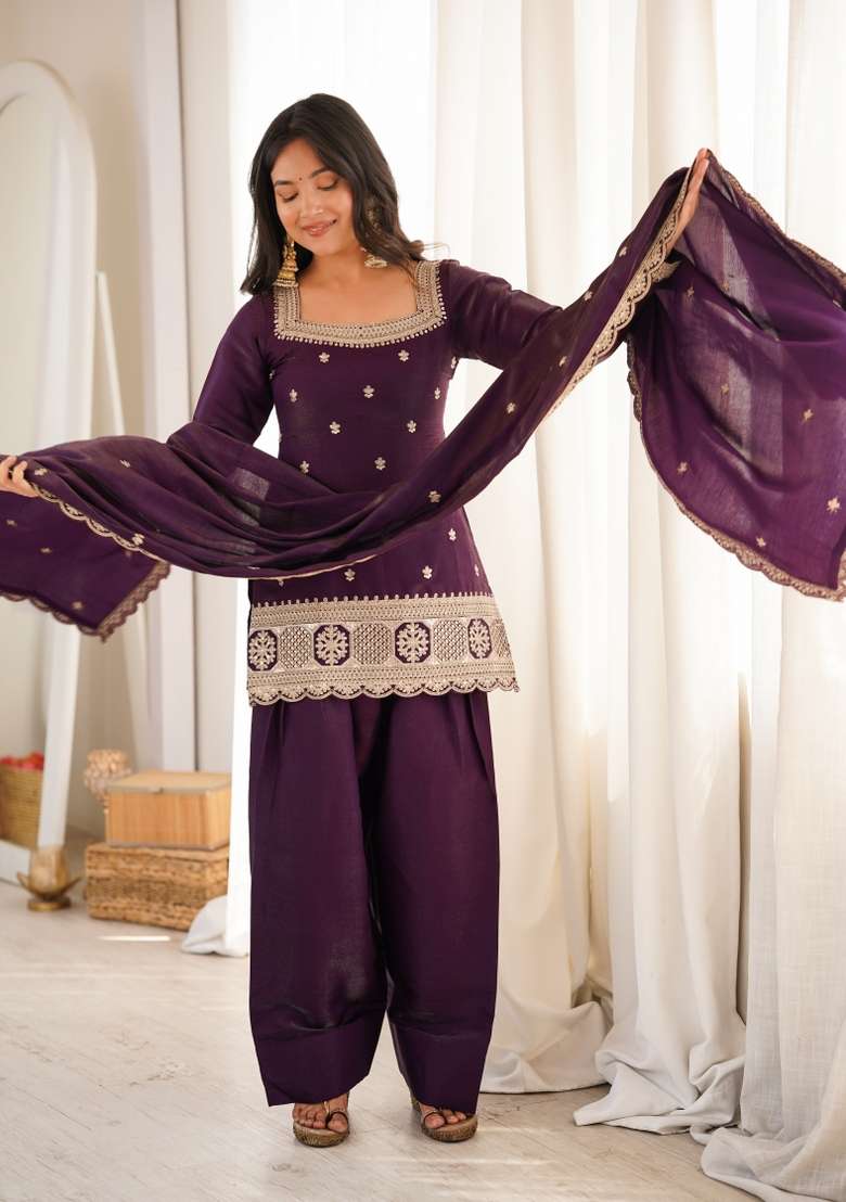 Purple Sequin Work Silk Farshi Kurta Set - Indya