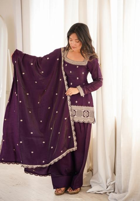 Purple Sequin Work Silk Farshi Kurta Set