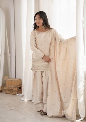 Off White Sequin Work Silk Farshi Kurta Set