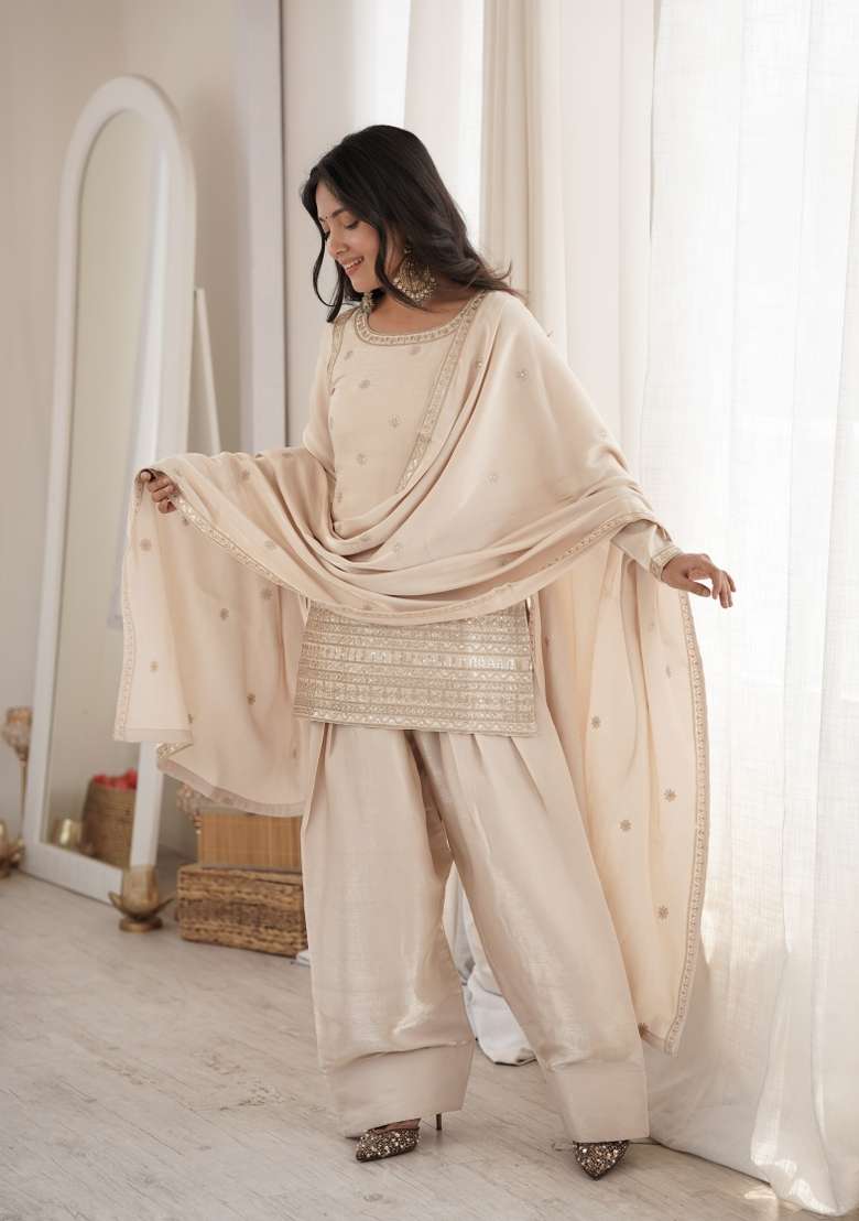 Off White Sequin Work Silk Farshi Kurta Set - Indya
