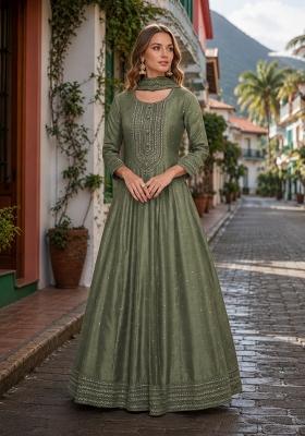 Light Olive Embroidered Silk Anarkali With Dupatta