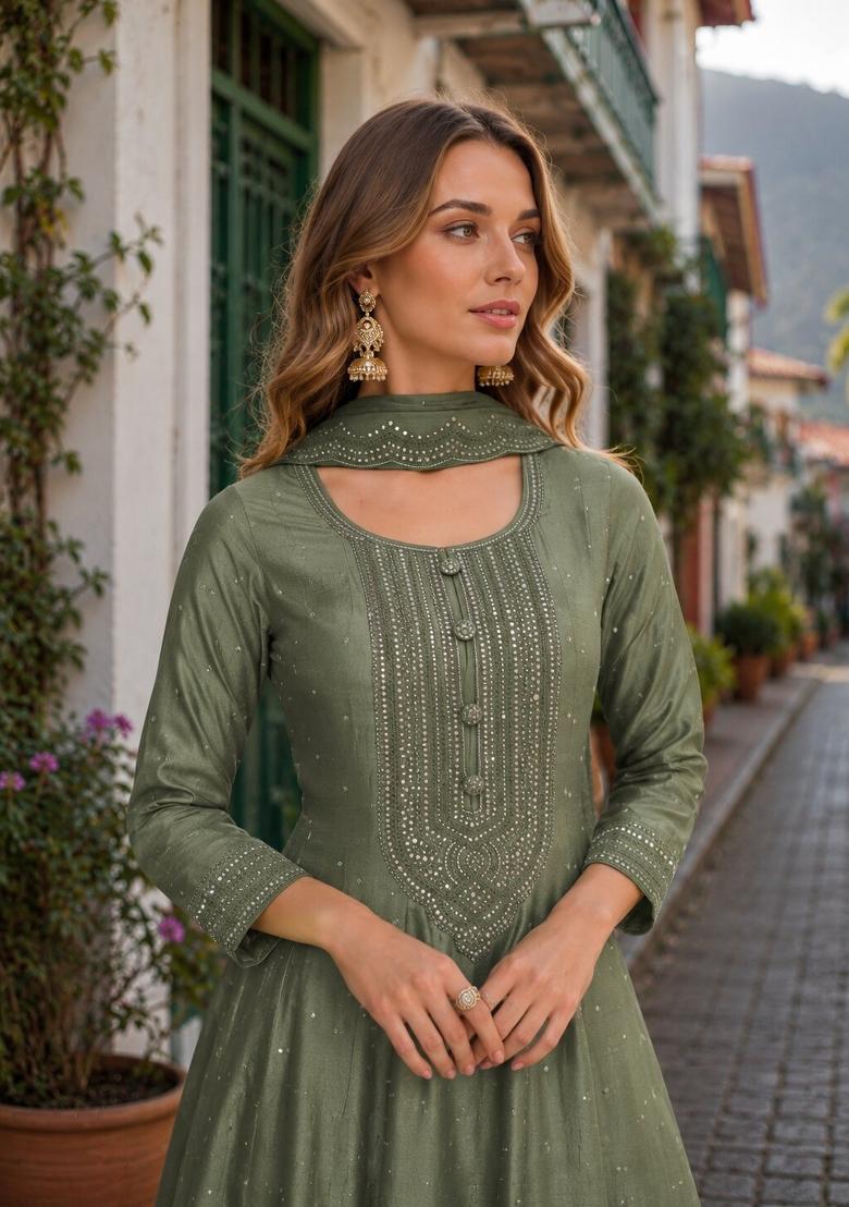 Light Olive Embroidered Silk Anarkali With Dupatta - Indya