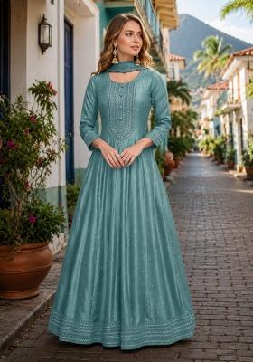 Teal Green Embroidered Silk Anarkali With Dupatta