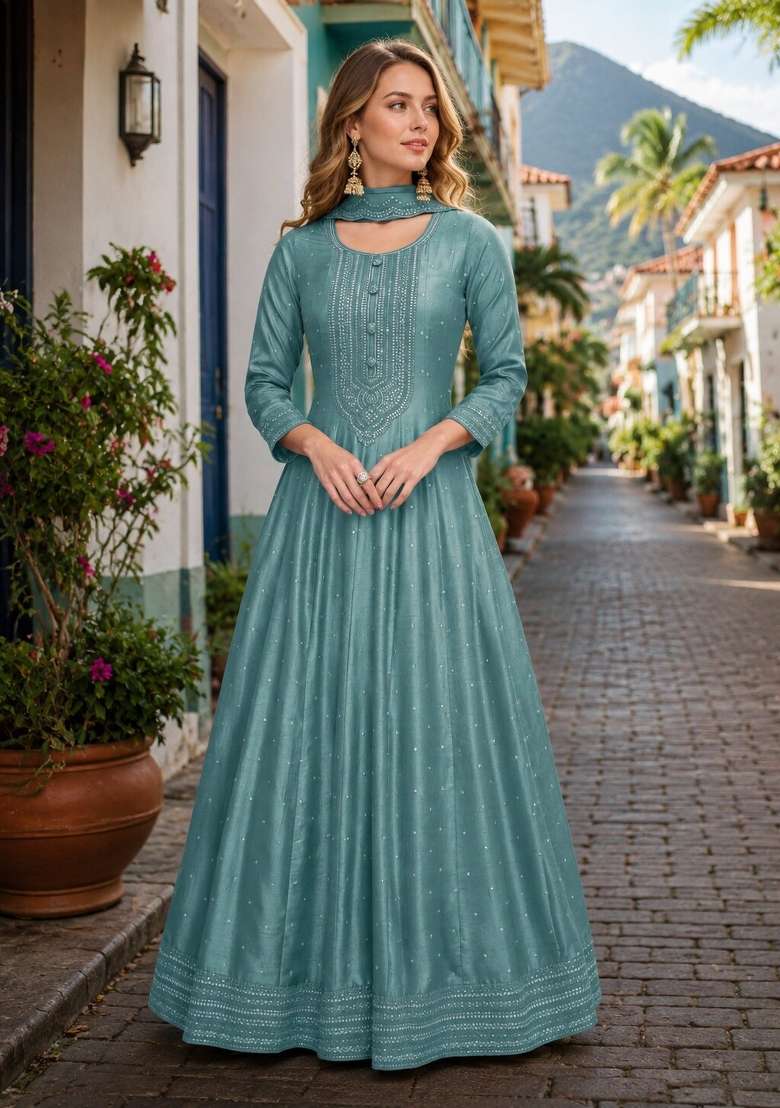 Teal Green Embroidered Silk Anarkali With Dupatta - Indya