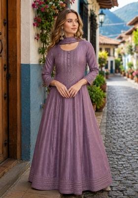 Lavender Embroidered Silk Anarkali With Dupatta