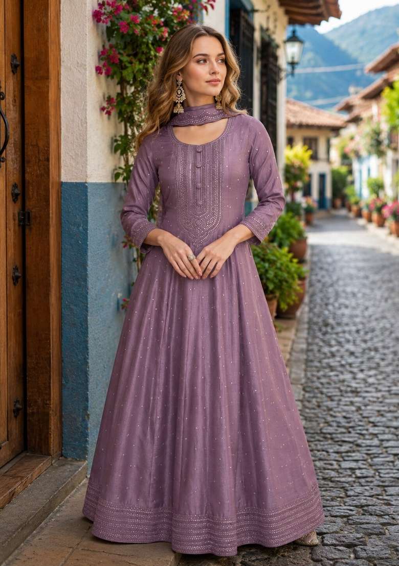 Lavender Embroidered Silk Anarkali With Dupatta - Indya