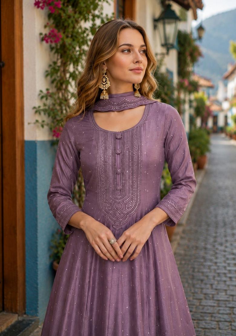 Lavender Embroidered Silk Anarkali With Dupatta - Indya