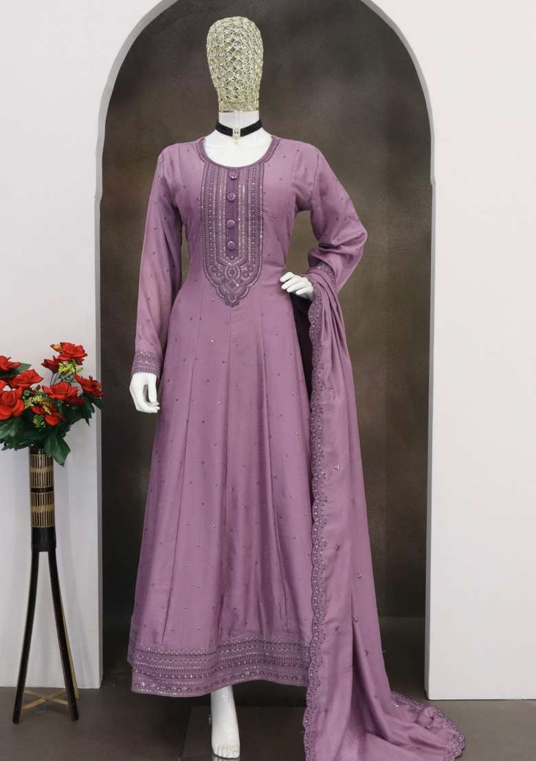 Lavender Embroidered Silk Anarkali With Dupatta - Indya