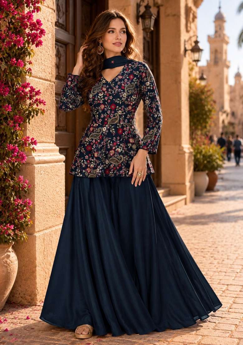 Blue Sequin Work Chiffon Kurta Set - Indya
