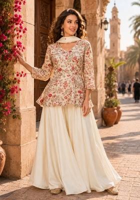 Cream Sequin Work Chiffon Kurta Set