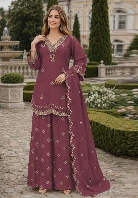 Purple Embroidered Silk Kurta Set