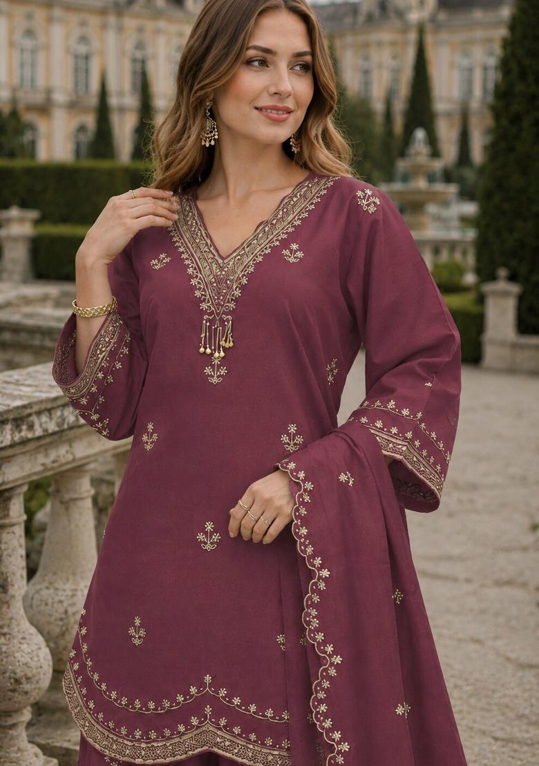 Purple Embroidered Silk Kurta Set - Indya
