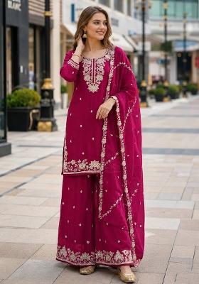 Red Embroidered Silk Kurta Set