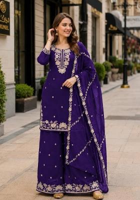 Violet Embroidered Silk Kurta Set