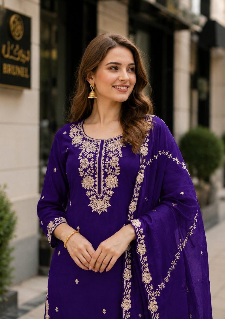 Violet Embroidered Silk Kurta Set - Indya