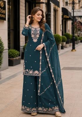 Teal Blue Embroidered Silk Kurta Set