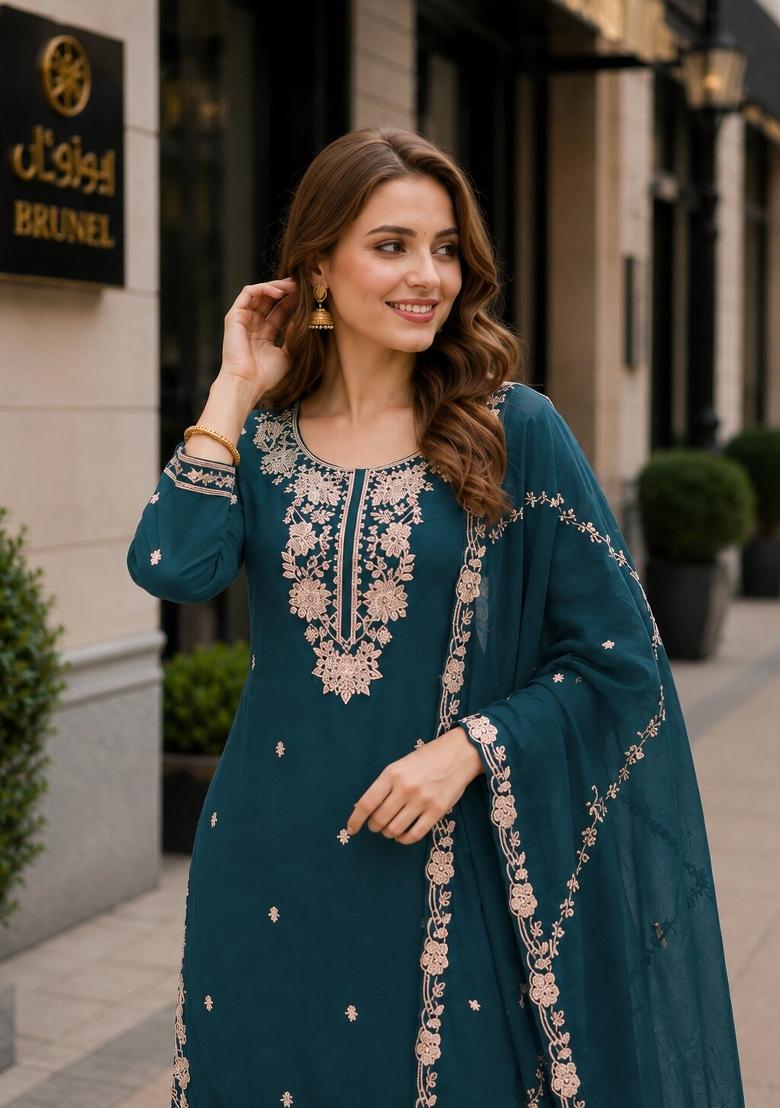Teal Blue Embroidered Silk Kurta Set - Indya