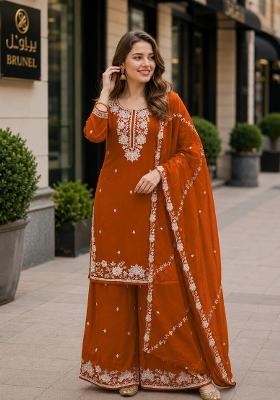 Orange Embroidered Silk Kurta Set