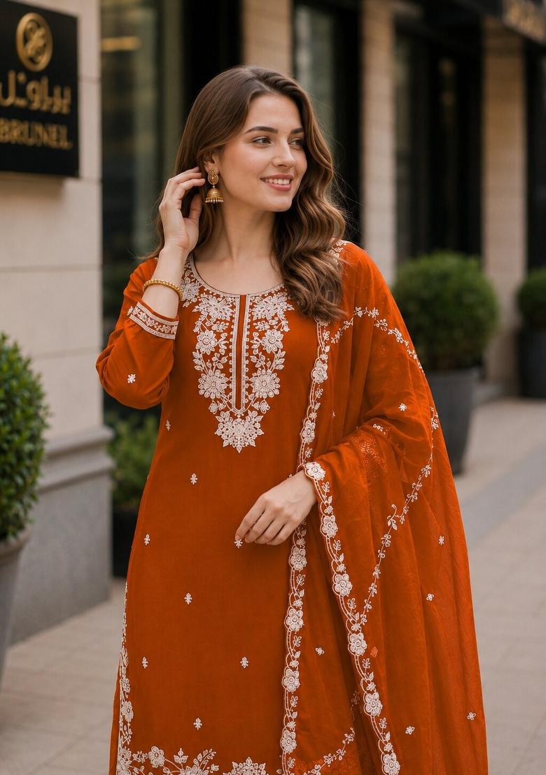 Orange Embroidered Silk Kurta Set - Indya