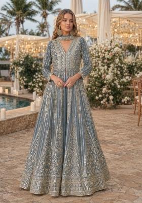 Grey Embroidered Silk Anarkali Set