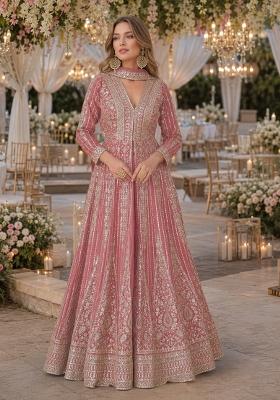 Peach Embroidered Silk Anarkali Set