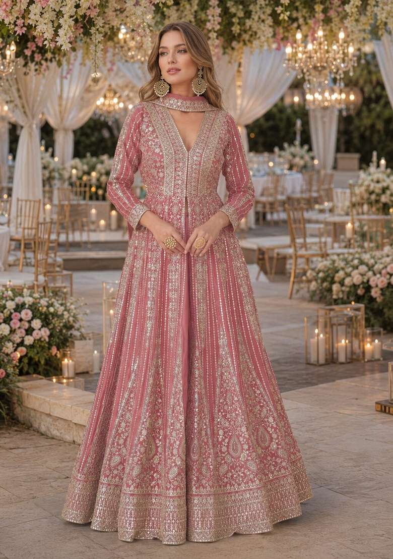 Peach Embroidered Silk Anarkali Set - Indya
