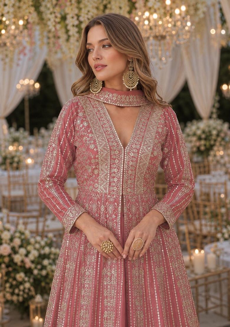 Peach Embroidered Silk Anarkali Set - Indya