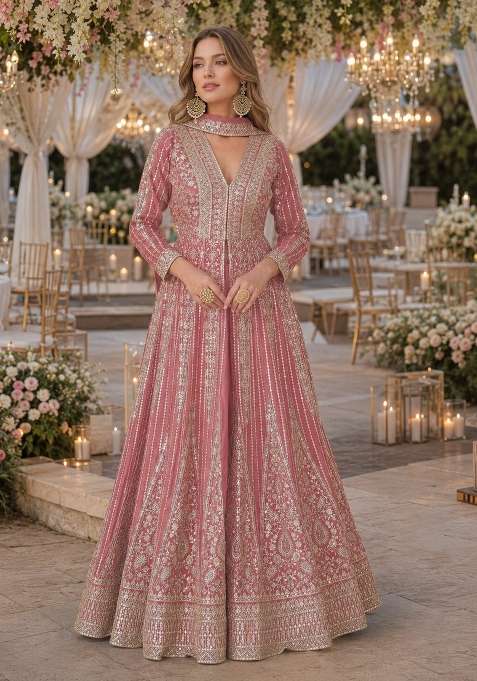 Peach Embroidered Silk Anarkali Set