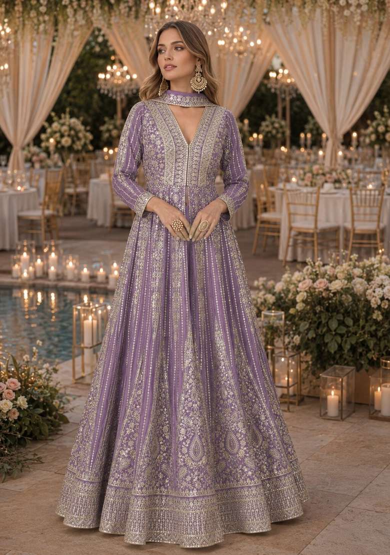 Lavender Embroidered Silk Anarkali Set - Indya