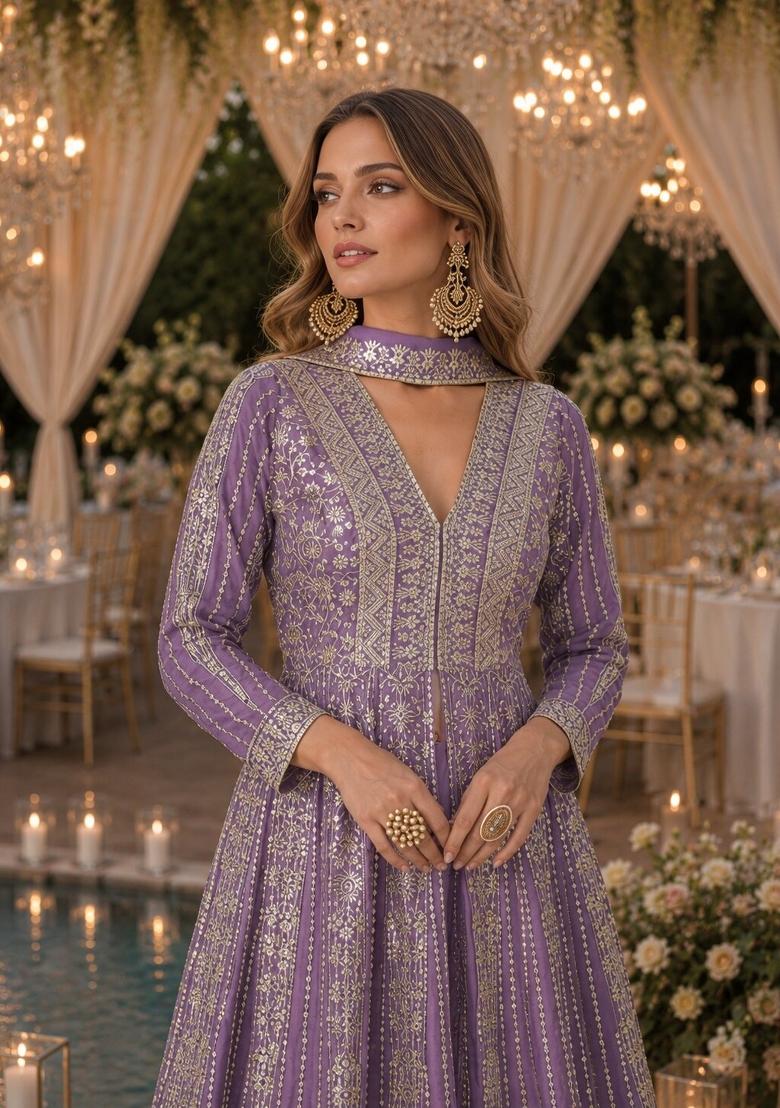 Lavender Embroidered Silk Anarkali Set - Indya