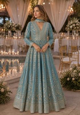 Blue Embroidered Silk Anarkali Set