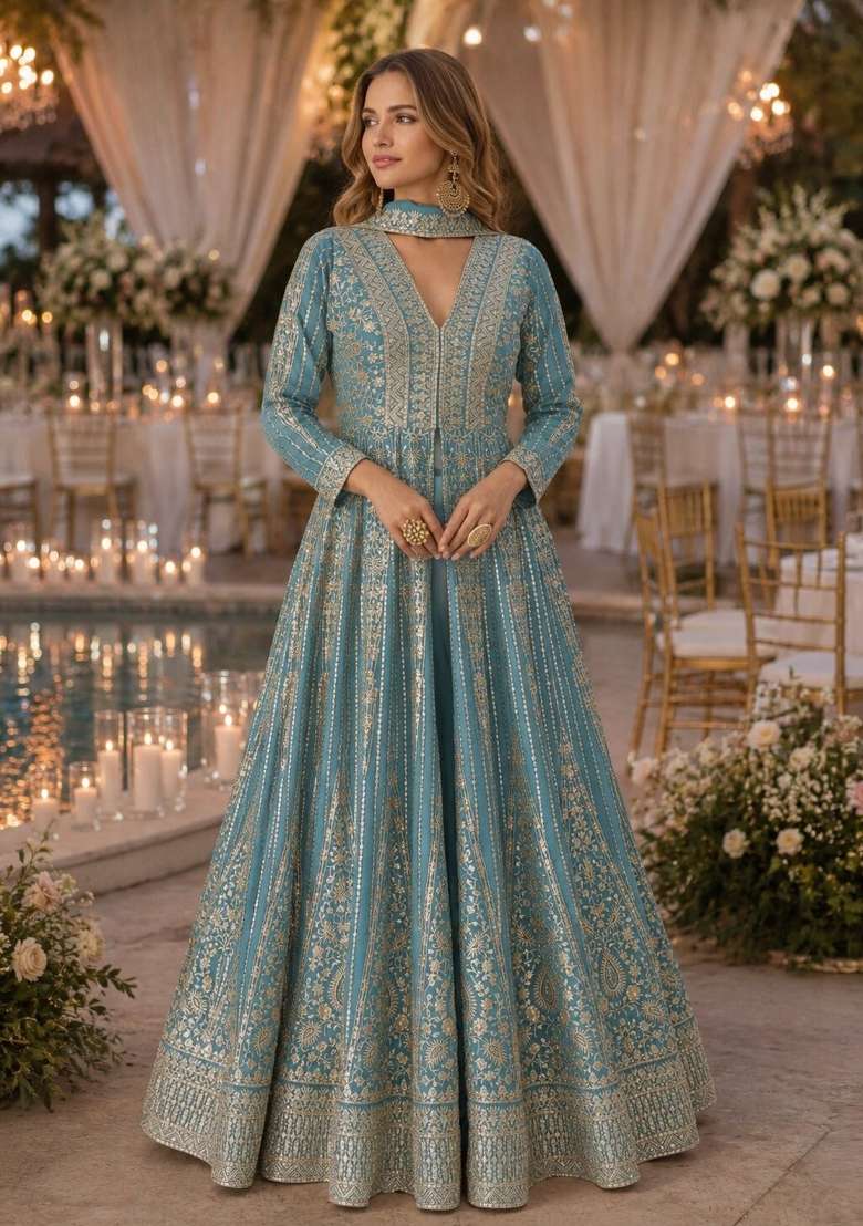 Blue Embroidered Silk Anarkali Set - Indya