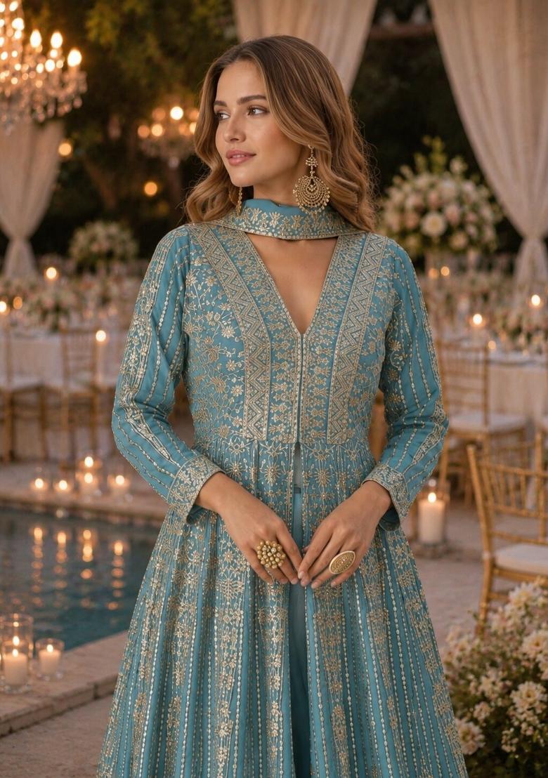 Blue Embroidered Silk Anarkali Set - Indya