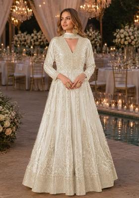 White Embroidered Silk Anarkali Set