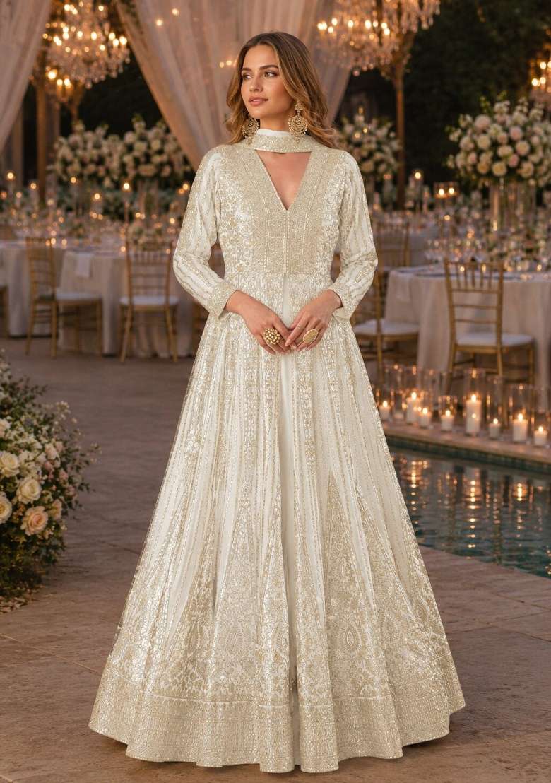 White Embroidered Silk Anarkali Set - Indya