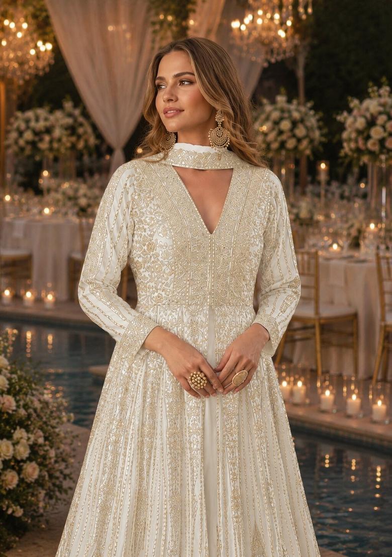 White Embroidered Silk Anarkali Set - Indya