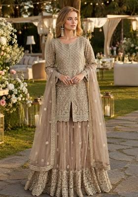Cream Embroidered Net Kurta Set