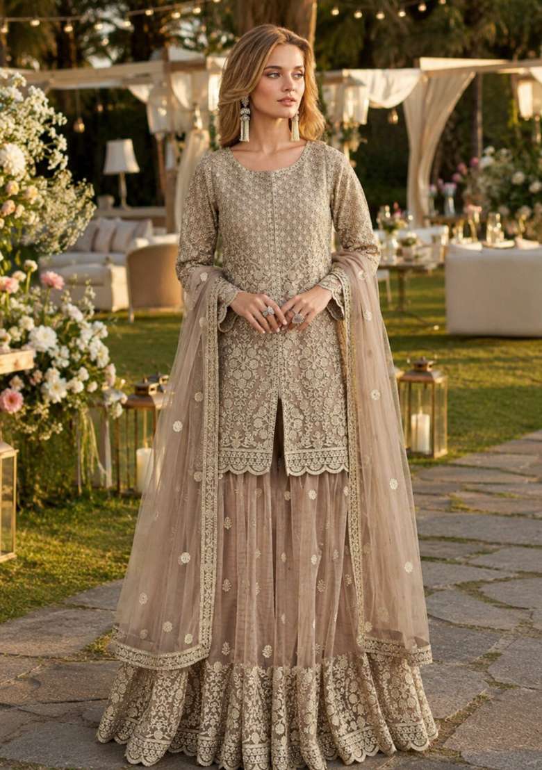 Cream Embroidered Net Kurta Set - Indya