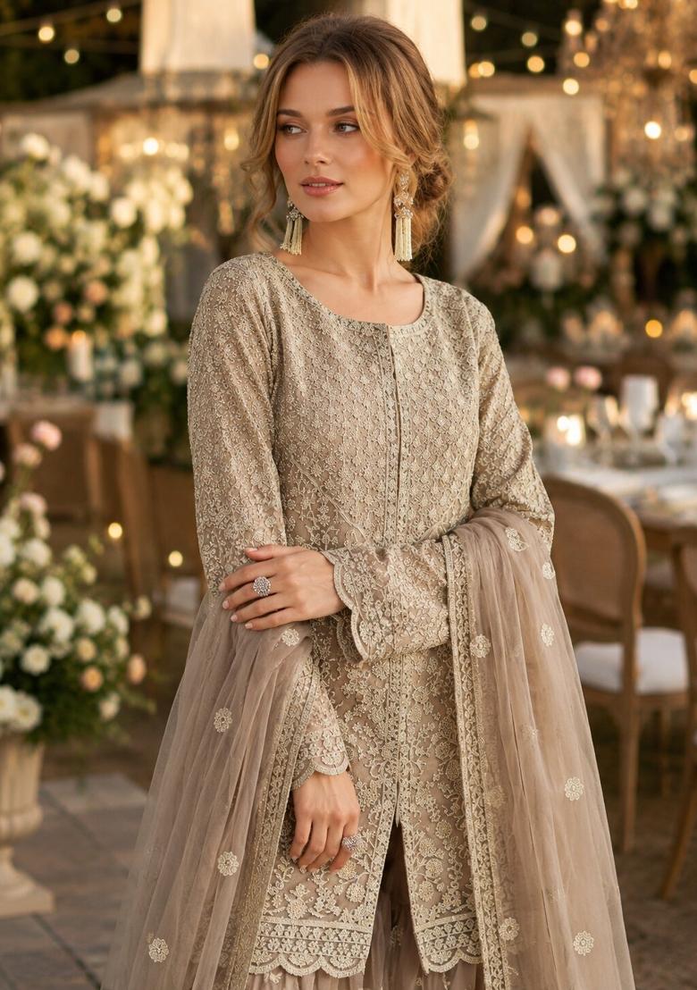 Cream Embroidered Net Kurta Set - Indya