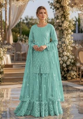 Sky Blue Embroidered Net Kurta Set