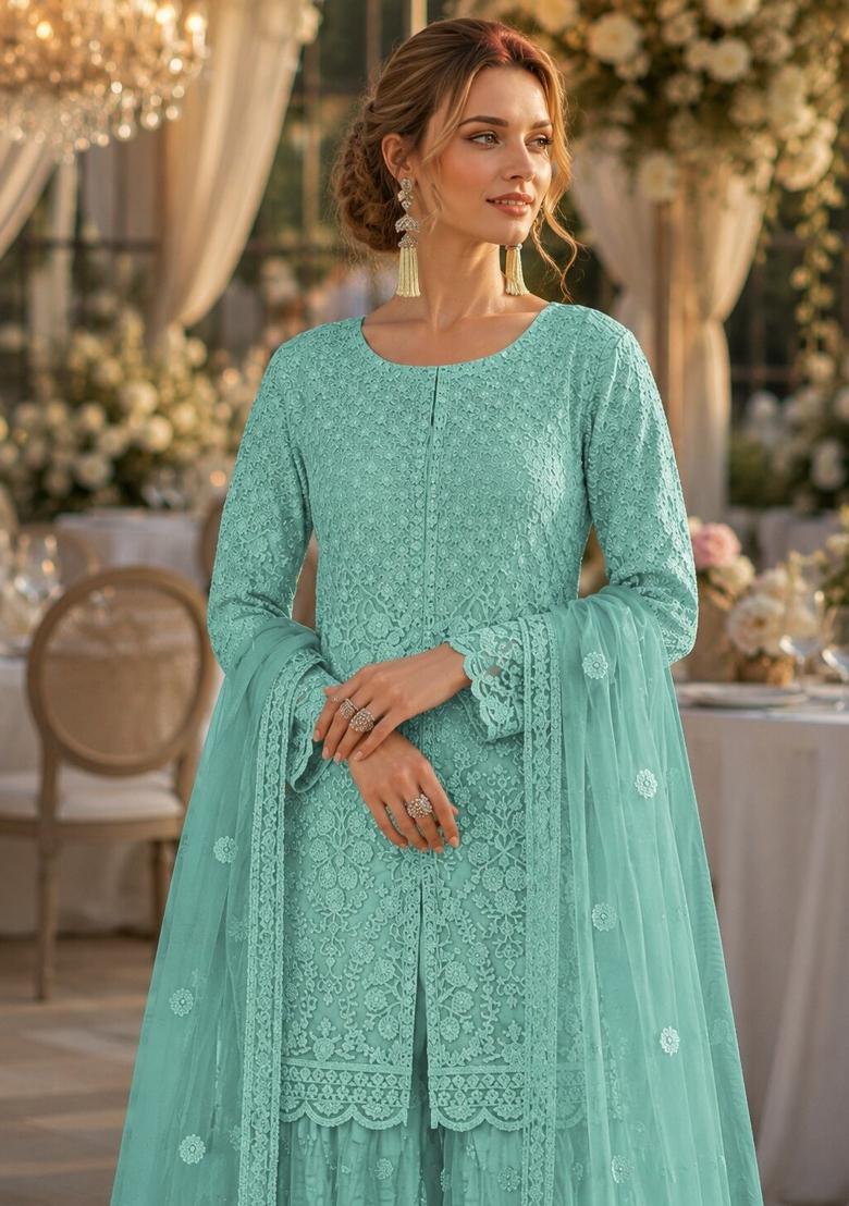 Sky Blue Embroidered Net Kurta Set - Indya