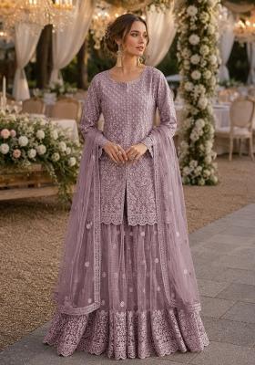 Purple Embroidered Net Kurta Set