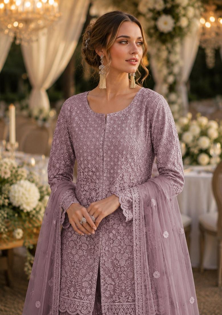 Purple Embroidered Net Kurta Set - Indya