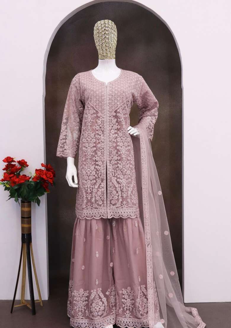 Purple Embroidered Net Kurta Set - Indya
