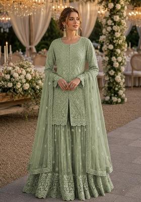 Green Embroidered Net Kurta Set