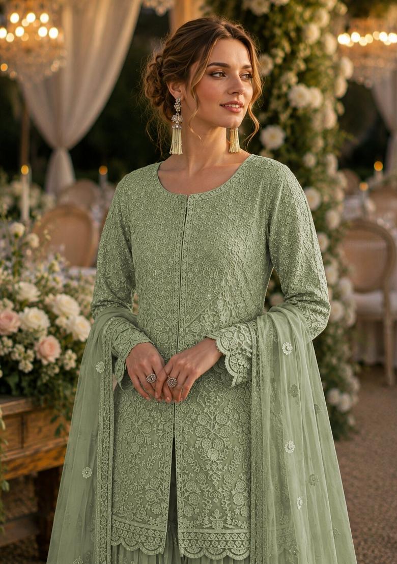 Green Embroidered Net Kurta Set - Indya