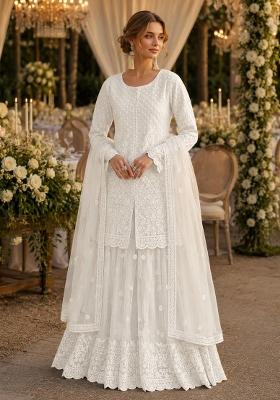 White Embroidered Net Kurta Set
