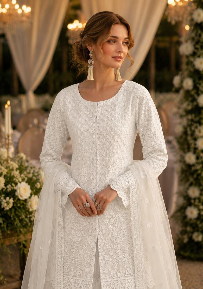 White Embroidered Net Kurta Set - Indya