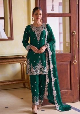 Teal Green Embroidered Silk Kurta Set